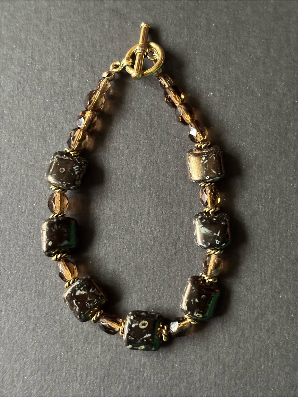 Artisan Lampwork Glass Bracelet | Earth Tone Toggle Crystal Beads - Picture 5 of 7